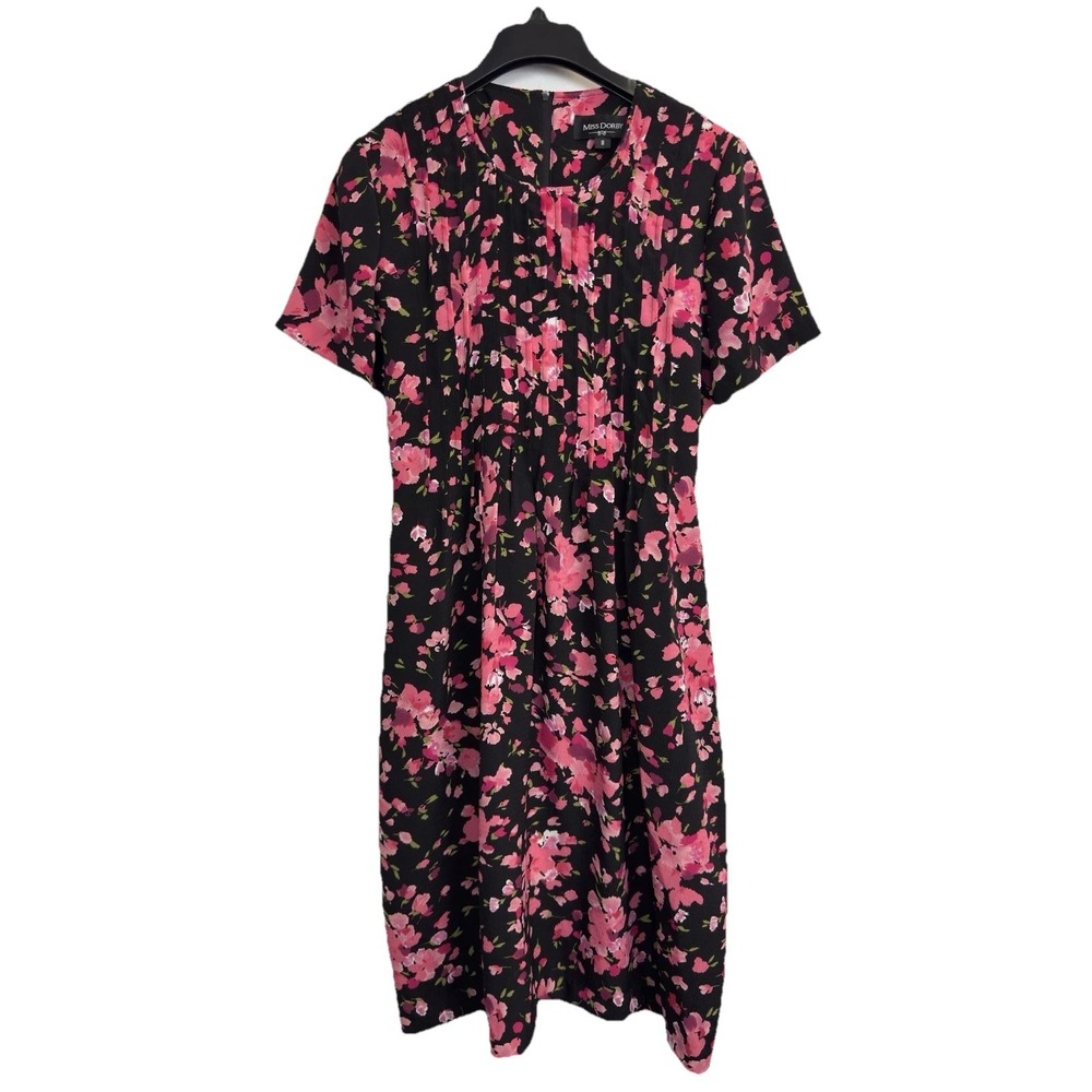 Miss Dorby Vintage Floral Dress Size 8 Black Pink Pintuck Short Sleeve